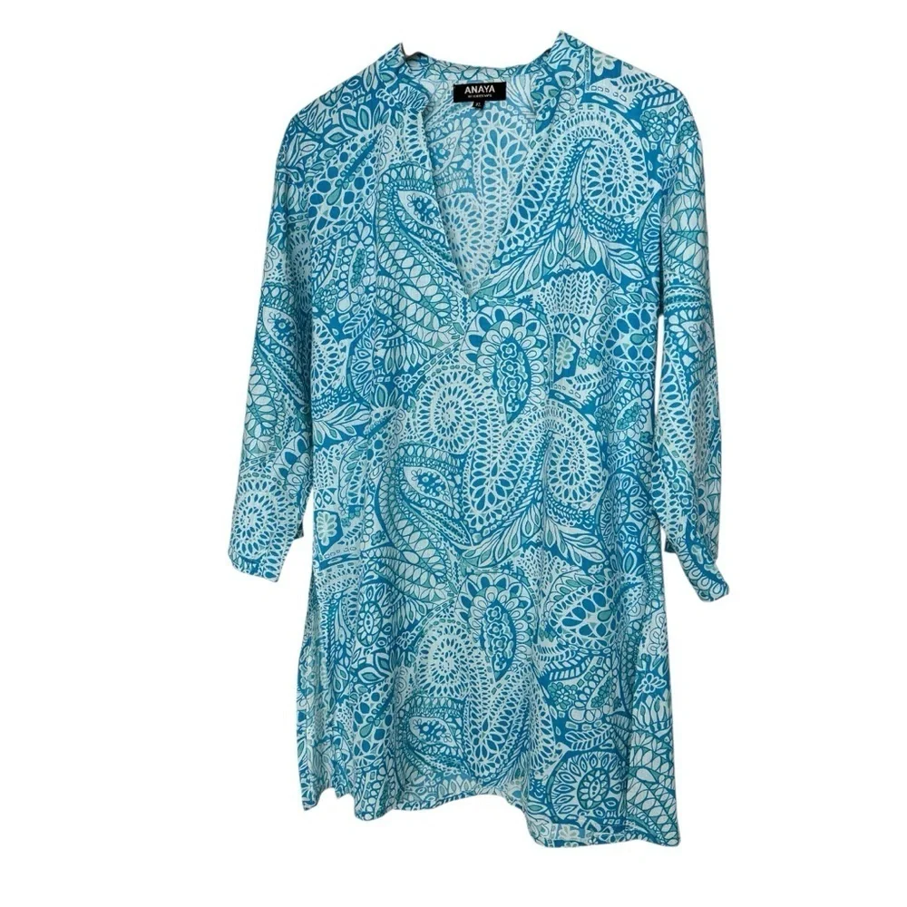 ANAYA Women's XL Blue Paisley Tunic Dress V-Neck Long Sleeve Casual Cotton Beach - Picture 1 of 12